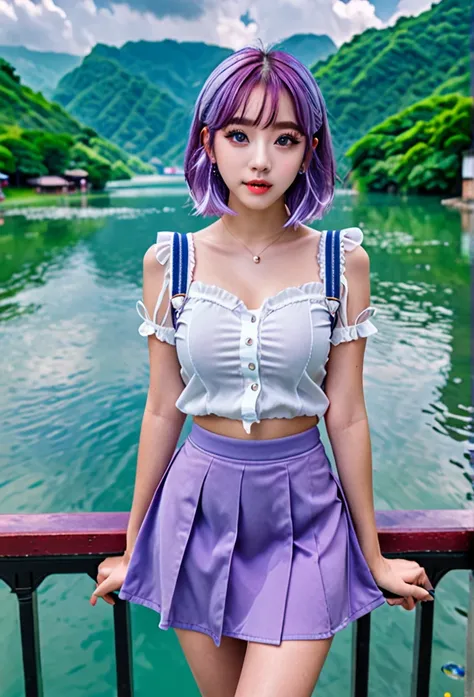 Masterpiece, best quality, ultra-high resolution, 8k resolution, delicate features, perfect face, girl, single, beauty contact lenses, student, big watery eyes, purple hair, mini skirt, hall, full body, panoramic view,