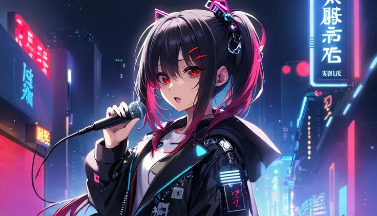 One girl singing with a microphone、whole body、cyber punk、Red eyes、Glowing Eyes、Black coat、Open coat、Teen