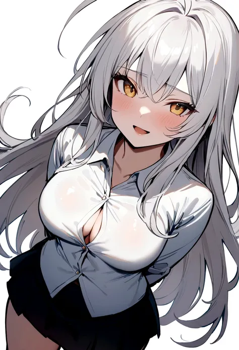 ((masterpiece, best quality)), (1girl), (solo), (female focus), (ahoge, white hair, very long hair), gold eyes, light smile, open mouth, ((white shirt), (buttoned shirt), (button gap)), ((black skirt), (short skirt)), standing, white background, arms behin...