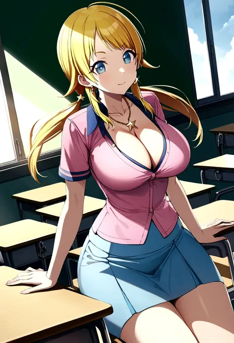 blonde Hachimiya Meguru with twintails, a very detailed face, blue eyes, very large breasts, a slim waist, slim hips, pink t-shirt with cleavage, a light blue skirt, a gold star necklace, very long chain earrings to the shoulders, sitting in a class room a...