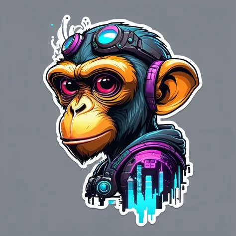 A futuristic monkey figure, with lights in eyes, surrounded by vibraprint ready vector t-shirt design, cyberpunk monkey illustration, side view, sticker, clean white background, professional vector, high detail, t-shirt design, graffiti, vibrant nt futuris...