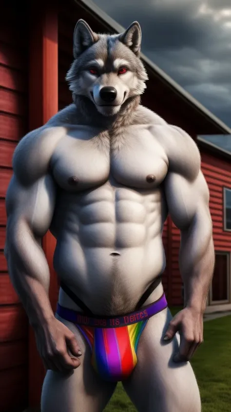 Spicy portrait of a furry wolf alone seductive smile wearing a sexy jockstrap Underwear Lingerie With LGBT colors and no shirt looking at the viewer beautiful sexy red eyes muscular man a realistic house background outside outdoors hot and rough posing for...