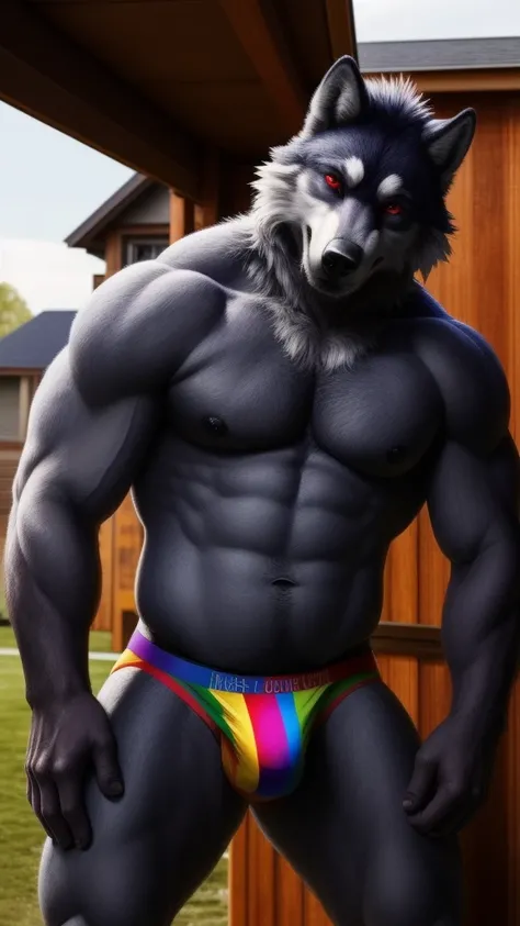 Spicy portrait of a furry wolf alone seductive smile wearing a sexy jockstrap Underwear Lingerie With LGBT colors and no shirt looking at the viewer beautiful sexy red eyes muscular man a realistic house background outside outdoors hot and rough posing for...