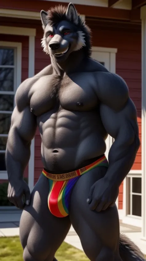 Spicy portrait of a furry wolf alone seductive smile wearing a sexy jockstrap Underwear Lingerie With LGBT colors and no shirt looking at the viewer beautiful sexy red eyes muscular man a realistic house background outside outdoors hot and rough posing for...