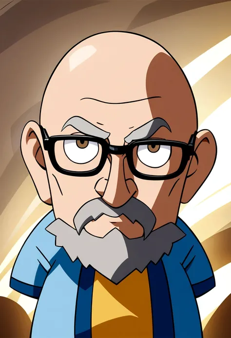 Cartoon character of a bald man with a gray beard with black glasses and a blue shirt, animation character, Caractere estilizado, animation style rendering