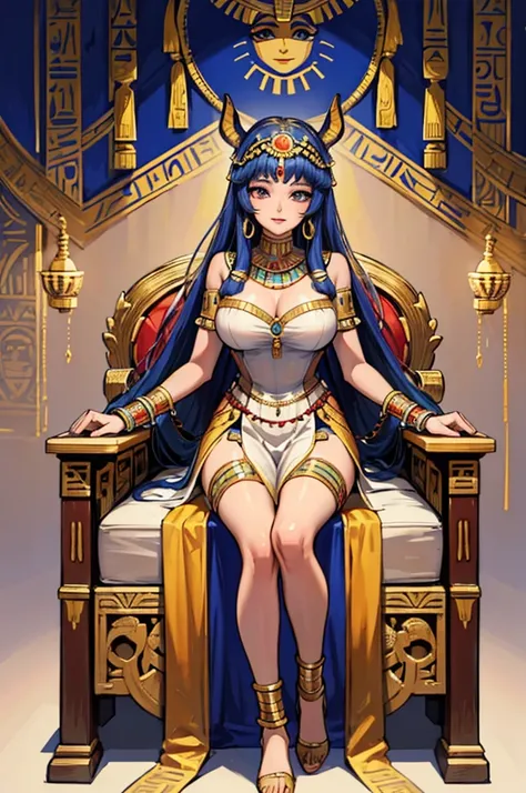 Create a full-body portrait of Nefertari, the ancient Egyptian queen. She is seated on a luxurious chair with her legs crossed, exuding elegance and authority. Nefertari has a beautiful face, adorned with traditional ancient Egyptian makeup and jewelry. Sh...