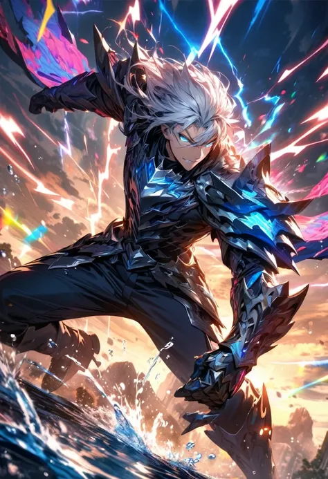 absurdres, highres, ultra detailed, HDR, masterpiece, extremely detailed face and eyes, dragon knight , colorful white hair , , solo, man, handsome, , , Epic fight scene, colorful water splashing effect,colorful lightning  effect,glowing glitters