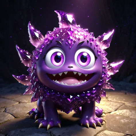 A cute amethyst monster with big sparkling eyes, showcasing a mysterious purple glow. This fascinating and magical gemstone character will intrigue children with its whimsical and enchanting charm. --ar 1:1 --v 6.0 --3D render