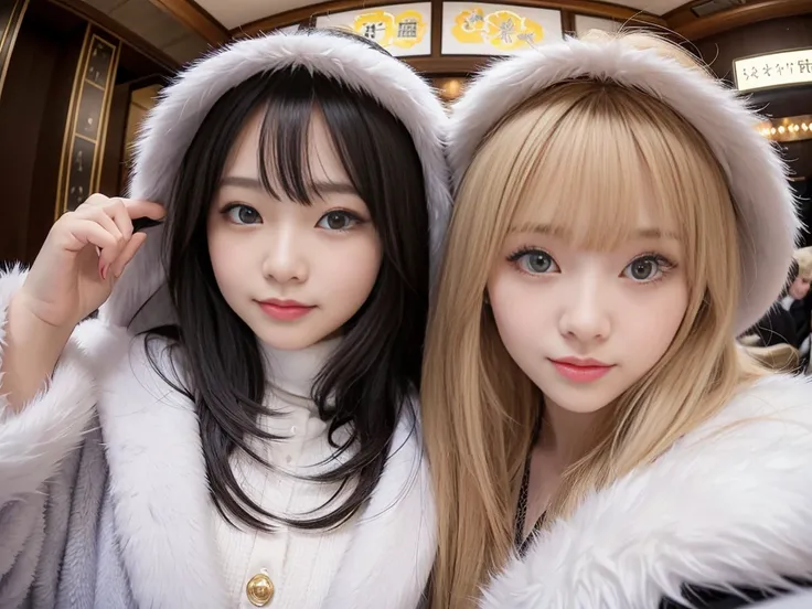 fluffyの毛皮。fluffy、A Russian girl with a fair complexion and a young face。A frontal shot looking directly at the viewer、Smiling。Beautiful women in luxurious furs。Old-fashioned。Fisheye Lens、Fur coat。snow。