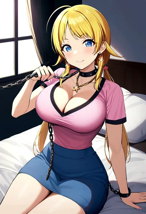 blonde hachimiya meguru with twintails, a very detailed face, blue eyes, very large breasts, a slim waist, slim hips, pink t-shi...