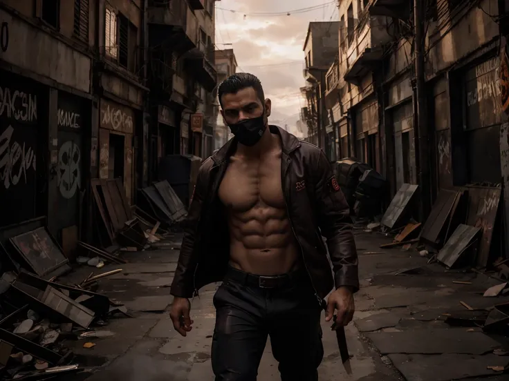 Wearing an open jacket, revealing their defined abs. The jacket has red cuffs, and the character is wearing dark pants. Their face is partially covered with a skull mask, giving them a mysterious and threatening appearance. The lighting is dim, adding to t...