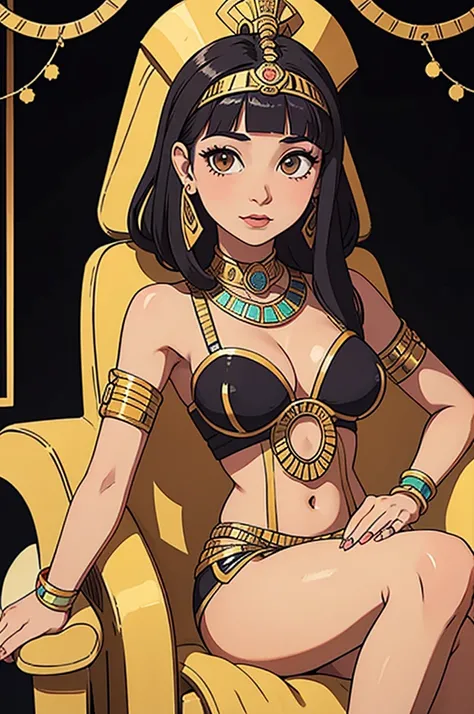 Create a full-body portrait of Nefertari, the ancient Egyptian queen. She is seated on a luxurious chair with her legs crossed, exuding elegance and authority. Nefertari has a beautiful face, adorned with traditional ancient Egyptian makeup and jewelry. Sh...