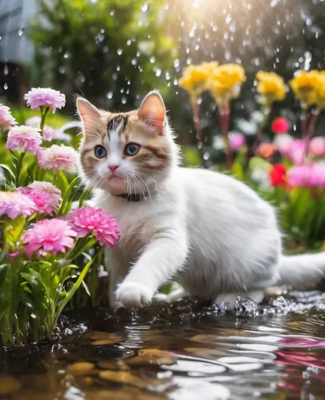 some adorable cats are playing water in the garden with amount flowers and trees in winter season