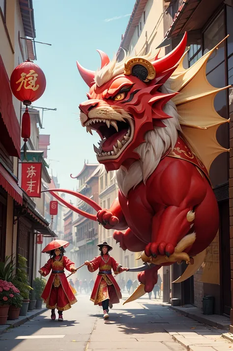 chinese street jugglers，dragon and lion dance