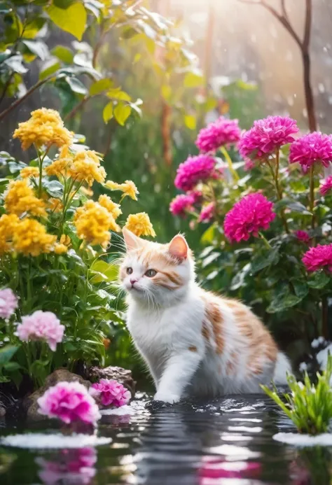 some adorable cats are playing water in the garden with amount flowers and trees in winter season