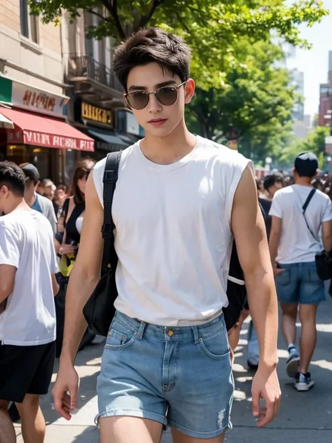 (1boy, photorealistic:1.4, ultra realistic, masterpiece:1.2, best quality, 4k, 8k), beautiful full body photograph of a handsome 21-year-old male enjoying the new york city gay pride parade wearing only sunglasses and denim booty shorts, celebrating gay pr...