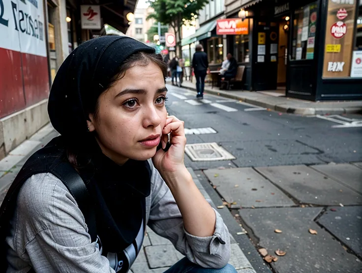 woman sitting on the ground talking on a cell phone, a picture, with a sad expression, candid picture, very very low quality picture, sitting on the ground, panoramic view of girl, potrait, in profile, in city street, she has a distant expression, mysterio...