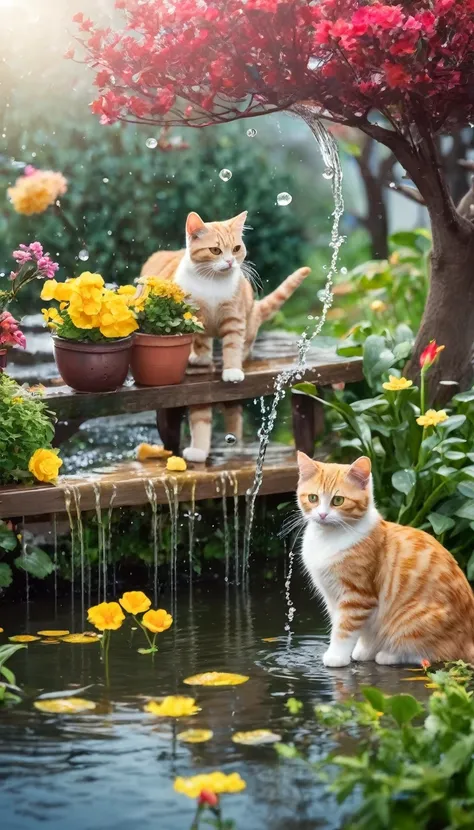 some adorable cats are playing water in the garden with amount flowers and trees in winter season