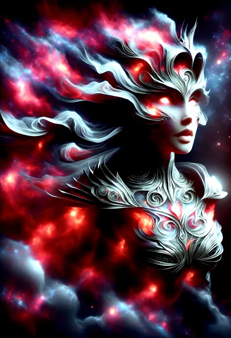masterpiece, best quality, 1girl, mature female, large breasts, armor, breastplate, leggings armor, hood, black ripped cloak, silver hair, Glowing eyes, slva_wndrnner, close up, potrait photo, half body photoshot, holding arrow, dark sky background, detail...