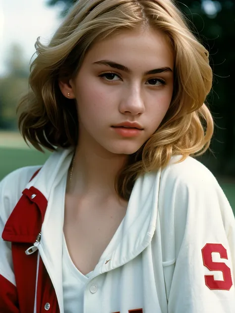 minimalist and elegant photography, 1990s, (beautiful) 22-year-old model, wearing a baseball jacket, high school background, nat...