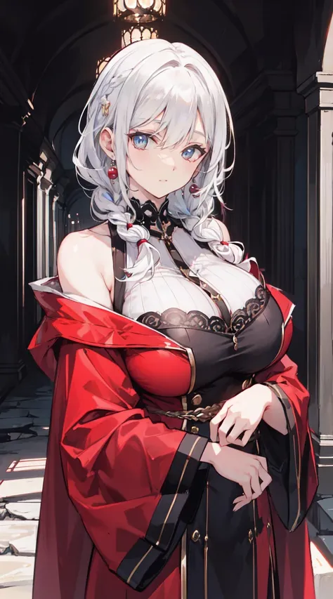 "4K, A dark ruin with no light., There was a mature and elegant woman., white hair, half braided hair, black eyes, Big breasted, wearing a magic  and a red robe., She looks cool, She has a seductive smile.."