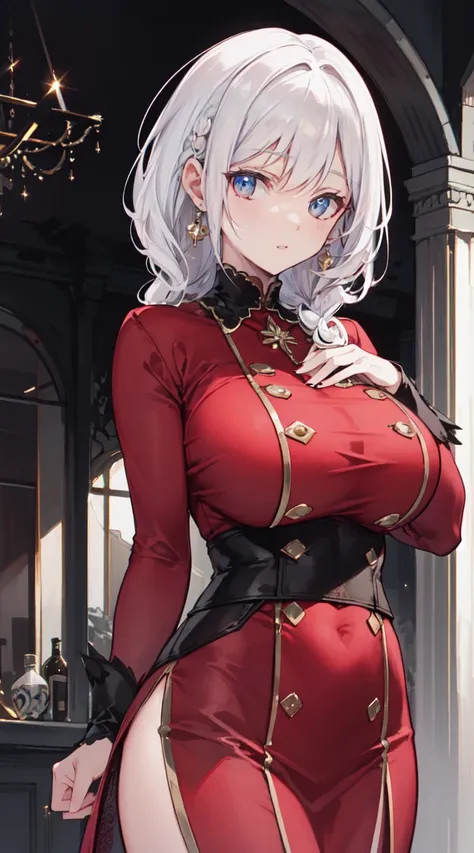 "4K, A dark ruin with no light., There was a mature and elegant woman., white hair, half braided hair, black eyes, Big breasted, wearing a magic  and a red robe., She looks cool, She has a seductive smile.."