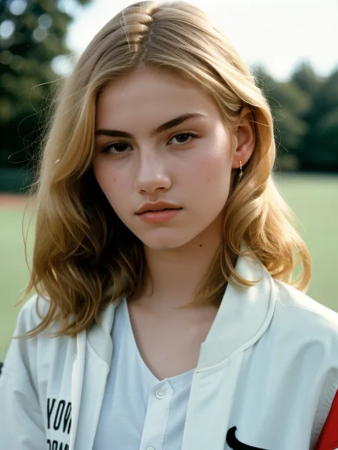 Minimalist and elegant photography, 1990s, (beautiful) 22-year-old model, wearing a baseball jacket, high school background, natural lighting, chaos, minimalist, close-up portrait photo (taken with Portra 400).