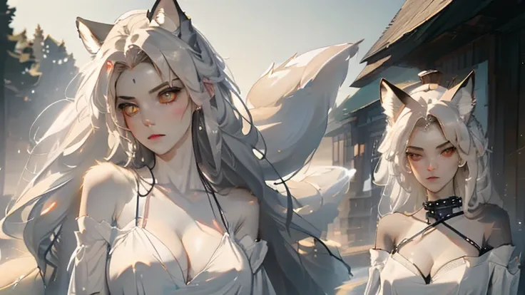 长发动漫女孩和fox, Beautiful platinum fox lady, 白毛fox, Beautiful character painting, Beautiful anime portrait, fox耳朵的女孩, a beautiful fox woman, Mystical artwork, guweiz, by Ren Renfa, fox, Large Breasts，Full breasts，Golden ratio figure，Perfect body，Ultra wide-ang...