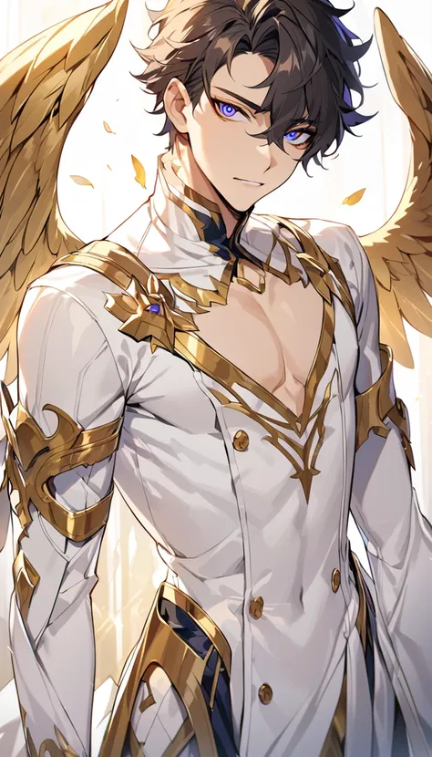 (high-quality, breathtaking),(expressive eyes, perfect face) archangel joel, male, golden wings