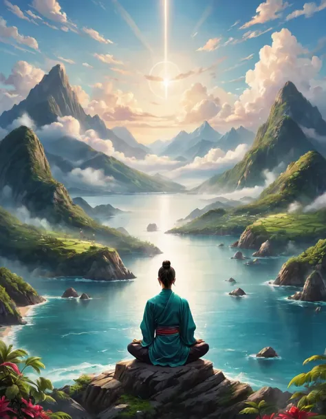 one person ,Meditation,Cross-legged,Back,meditation , Zen , Lush , mountains,Sea of Clouds,Vision