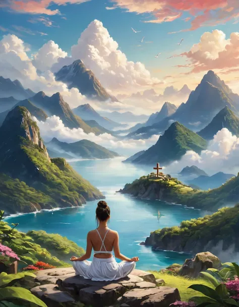 one person ,Meditation,Cross-legged,Back,meditation , Zen , Lush , mountains,Sea of Clouds,Vision