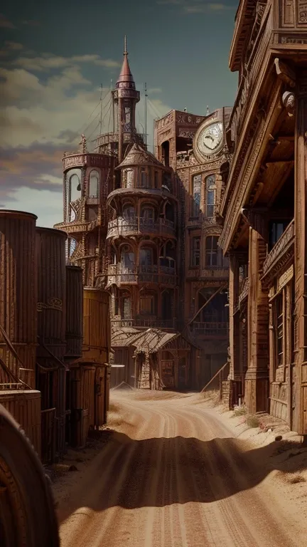 a steampunk wild west town on a vast plain, highly detailed, intricate gears and machinery, victorian architecture, old western saloon, dusty roads, cowboy hats, coiled lasso, warm tones, cinematic composition, photorealistic, masterpiece, 8k, ultra-detail...