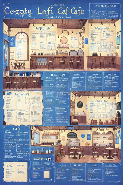 ON PARCHMENT,INK ILLUSTRATION,
((anime:1.4,illustration)),(masterpiece, top quality, best quality),(ultra-detailed, absolutely resolution),((16k, high res)), (((A detailed blueprint of the section of Lofi cafe, a fairytale-style cafe, detailed labeling tex...