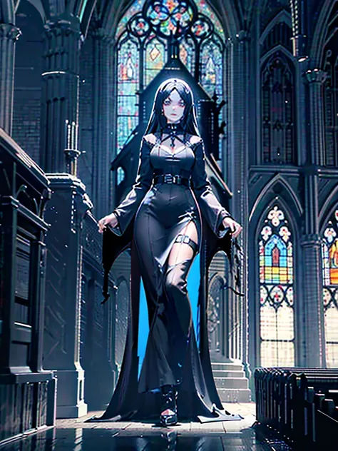 Black statue of Young woman in big black dress, coal statue, made of coal, back wing, in big gothic church, evil, spooky, magic