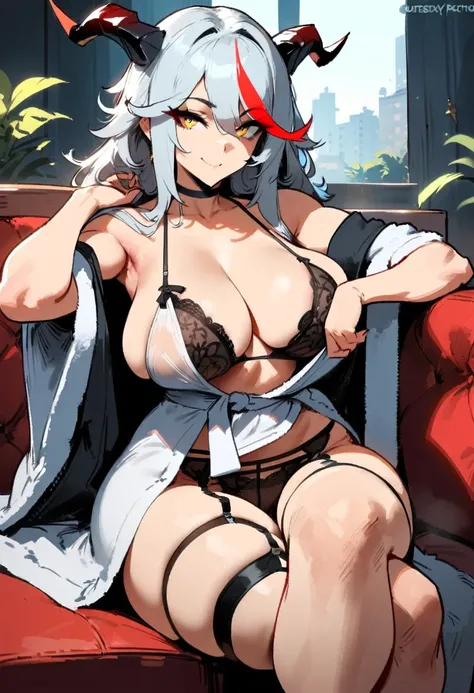 1girl, aegir (azur lane), azur lane  masterpiece, best quality, very aesthetic, absurdres, newest  sportive body, perfect breasts  by nyantcha,,by cutesexyrobutts,by khyle ///// silvery white hair with a single prominent red streak, black horns, yellow eye...