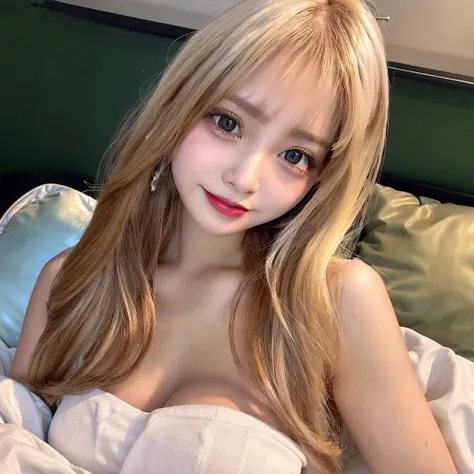 NSFW,Beautiful blonde girl alone、（H-cup super big breasts、naked、pussy:1.8）,on the bed、super high quality、（double eyelids、Tear bags、Big, round eyes、Long eyelashes）、highest quality, figure, Very detailed,Natural color lip,Correct posture、smile