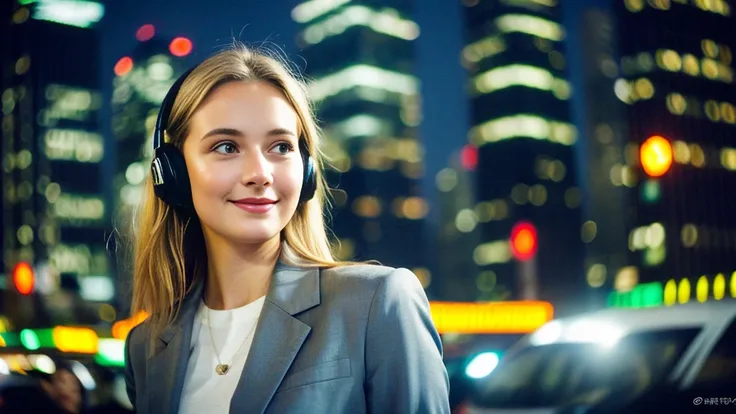 Beautiful blonde with large breasts in a gray suit (Big city at night、Wandering through the neon-lit skyscrapers),Wearing headphones,Very detailed, 21 years old, Innocent face, Naturally Wavy Hair, blue eyes, High resolution, masterpiece, Highest quality, ...