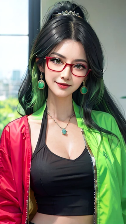 Long ponytail hairstyle，Black hair and green hair, Good-looking hair accessories, , Color contact lenses(Shelley Gregg）,  Eye color is light green,Wearing red glasses, medium breasts, smiley face, jewelry（earrings）, Wear a printed halter top, black jacket，...