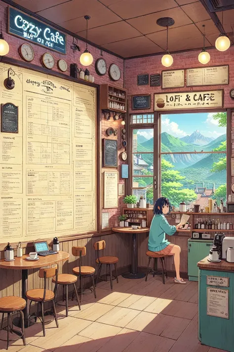 ON PARCHMENT,INK ILLUSTRATION, ((anime:1.4,illustration)),(masterpiece, top quality, best quality),(ultra-detailed, absolutely resolution),((16k, high res)), (((A detailed blueprint of the section of Lofi cafe, a fairytale-style cafe, detailed labeling tex...