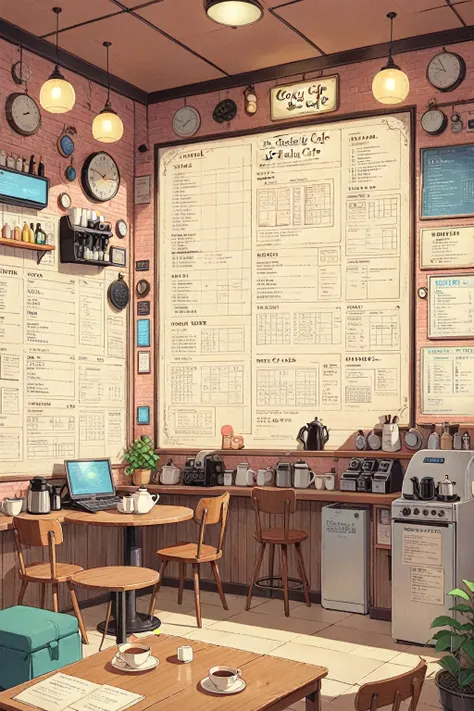 ON PARCHMENT,INK ILLUSTRATION, ((anime:1.4,illustration)),(masterpiece, top quality, best quality),(ultra-detailed, absolutely resolution),((16k, high res)), (((A detailed blueprint of the section of Lofi cafe, a fairytale-style cafe, detailed labeling tex...