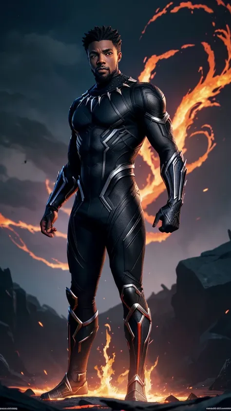 Black Panther God with handsome face, 1 character composition and beautiful scenery, depth of field, glowing red eyes, transformation state mode, extreme instinct, epic anime about energy people, fire , lava, epic anime artwork, concept art Black Panther u...