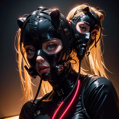 a very beautiful and very thin girl, wears black underwear with tights and latex face mask. dark room with only red neon lightin...