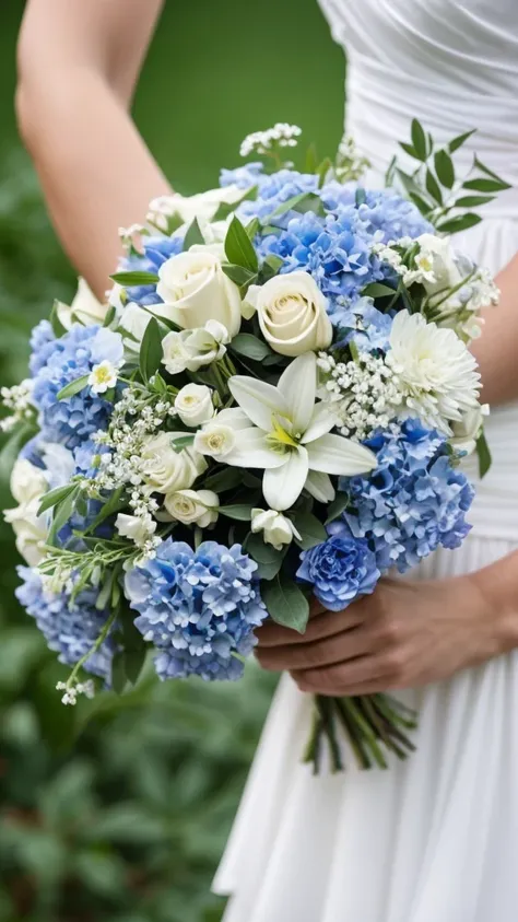 A serene blend of white, blue, and colorful flowers intertwined with the beauty of nature.