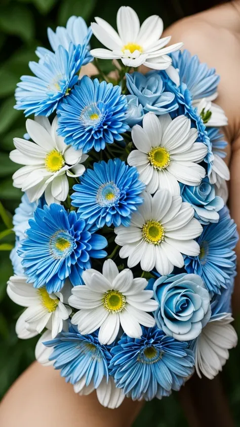 A serene blend of white, blue, and colorful flowers intertwined with the beauty of nature.