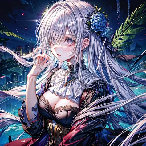 (best quality, Detailed background, high resolution, absurd, bloom, disheveled hair, shiny hair, Exposure to light, smart student, Focused and meticulous eyes),
1 Girl, earpiece, long hair, silver hair, Large target_breast, Put your hands behind your back,...