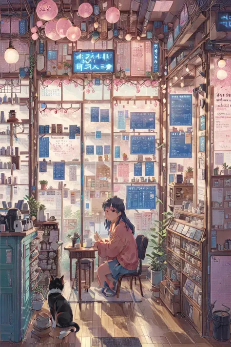 ON PARCHMENT,INK ILLUSTRATION, ((anime:1.4,illustration)),(masterpiece, top quality, best quality),(ultra-detailed, absolutely resolution),((16k, high res)), (((A detailed blueprint of the section of Lofi cafe, a fairytale-style cafe, detailed labeling tex...