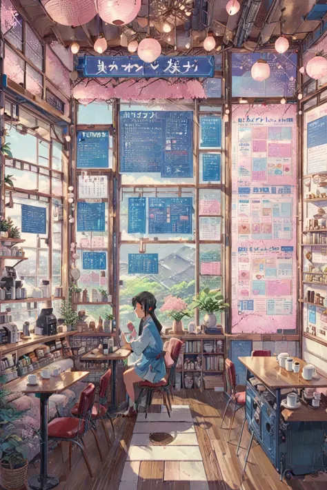 ON PARCHMENT,INK ILLUSTRATION, ((anime:1.4,illustration)),(masterpiece, top quality, best quality),(ultra-detailed, absolutely resolution),((16k, high res)), (((A detailed blueprint of the section of Lofi cafe, a fairytale-style cafe, detailed labeling tex...