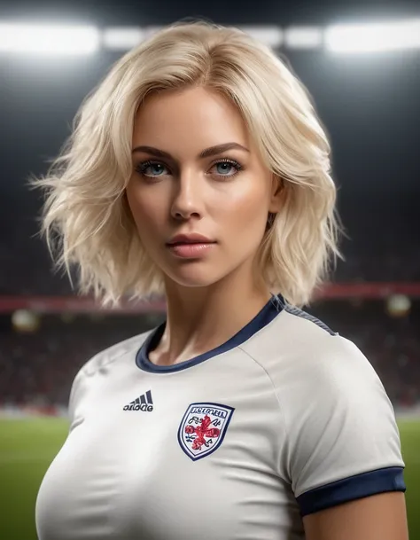 beautiful blonde woman wearing a tight England football shirt, intricate detailed face, beautiful detailed eyes, beautiful detailed lips, long eyelashes, muscular athletic figure, dynamic action pose, (best quality,4k,8k,highres,masterpiece:1.2),ultra-deta...