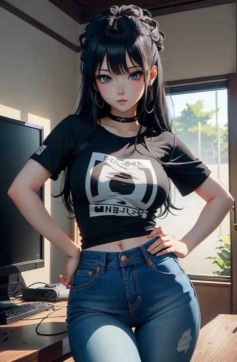 Anime Frau with black hair and blue jeans posing in front of a computer, Anime-Stil. 8k, Anime-Stil 4 k, Anime Frau, attractive Anime Frau, seductive Anime Frau, artwork in the style of guweiz, realistischer Anime-3D-Stil, (Anime Frau), in an Anime-Stil, i...