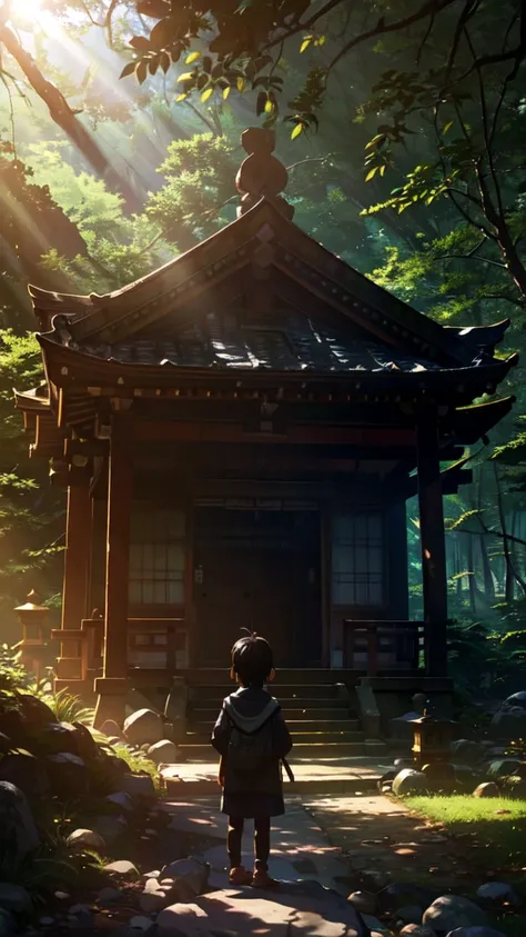 An old shrine in the mountains, sunlight filtering through the trees, and a little boy